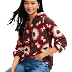 NWT LOFT Brown, Red, Pink & Cream Sunburst Fleece/Sherpa Hoodie